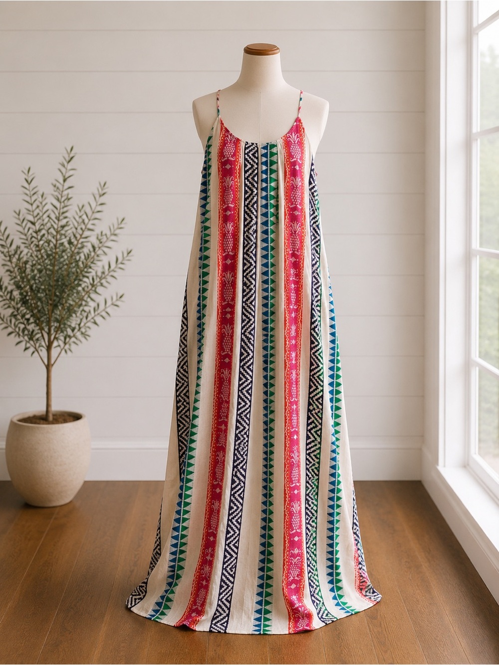 En Crème Cotton Pineapple Boho Oversized Swing Maxi Dress Multicolor M
